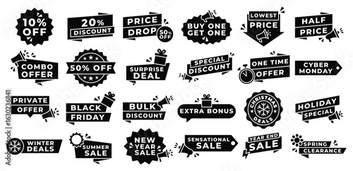 Set of Black And White Discount Badges Sale Offer Icons, Advertisting, Label, Price, Tag, Sticker, Banner, Promo, Template, Vector Design Illustration