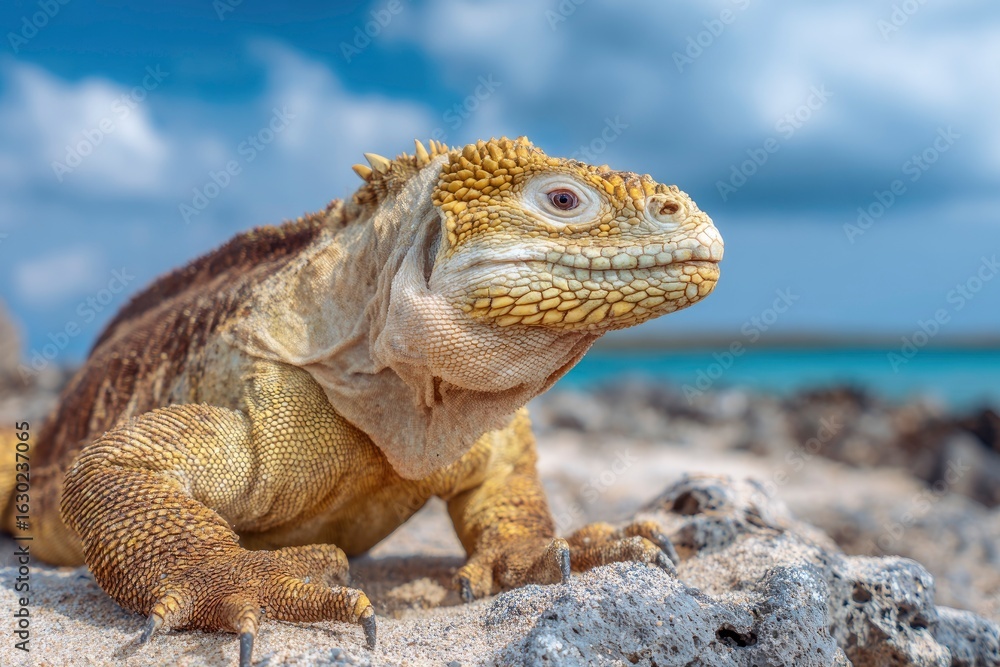 Fototapeta premium A land iguana yellowscaled with black claws sits on rocky terrain against a blue sky with blurred water in the background