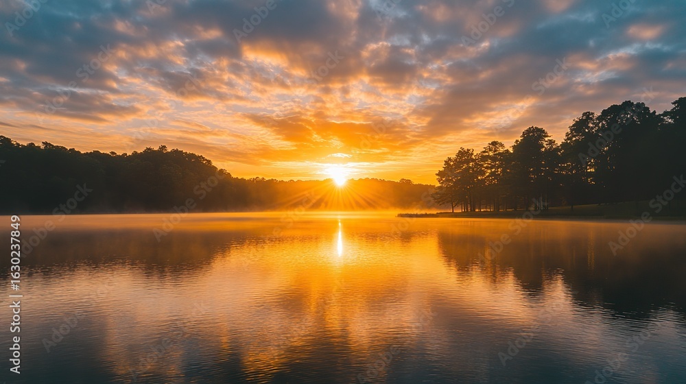 Obraz premium A serene sunrise over a calm lake, reflecting vibrant colors in the sky and water, surrounded by lush trees and misty atmosphere.