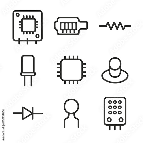Modular Electronics Icons. Outline icon set of modular electronics design: PCB module, connector, resistor, capacitor, microchip,