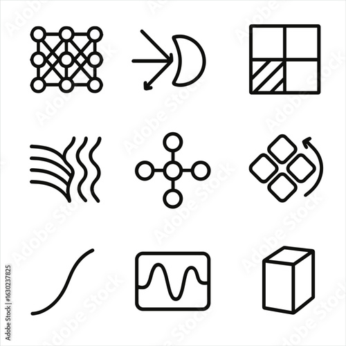 Molecular Invisibility Icons. Outline icon set of molecular invisibility: metamaterial lattice, light bending arrows, refractive