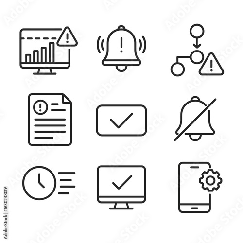 Monitoring Icon Set. Outline icon set of monitoring and alert triggers: threshold ping trigger, alert notification, escalation