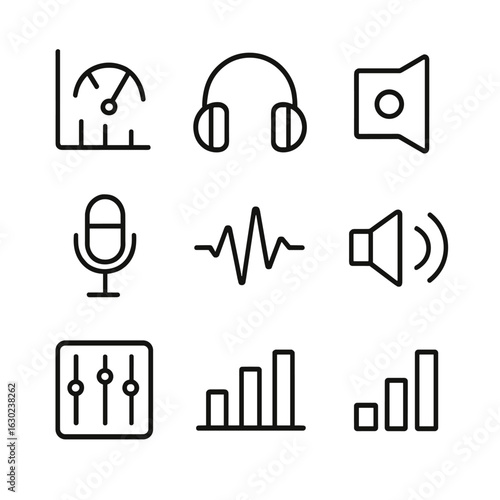 Mono Sound Icons. Outline icon set of mono sound monitoring: audio meter, headphones, speaker, microphone, sound wave, volume