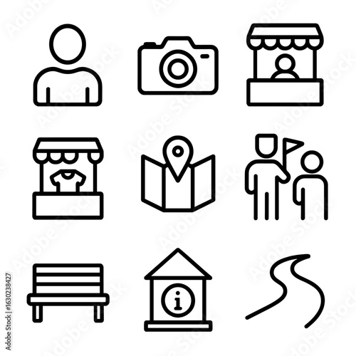 Monument Visit Icons. Outline icon set of monument visits: visitor, camera, ticket booth, souvenir shop, map, guided tour, bench,