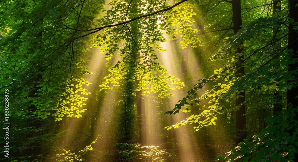 Obraz premium Sunlight filtering through green forest canopy background 3