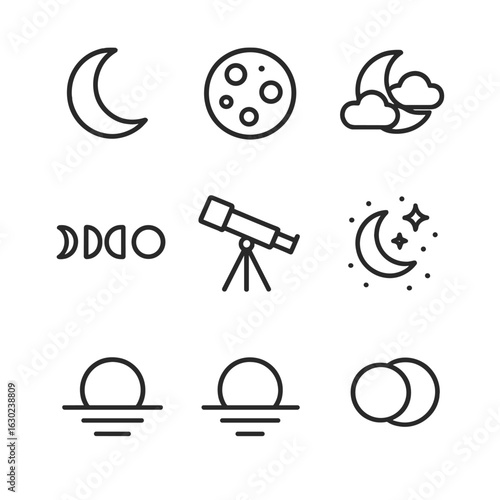 Moon Icon Set. Outline icon set of moon and astronomy: crescent moon, full moon, moon with clouds, moon phases chart, telescope,