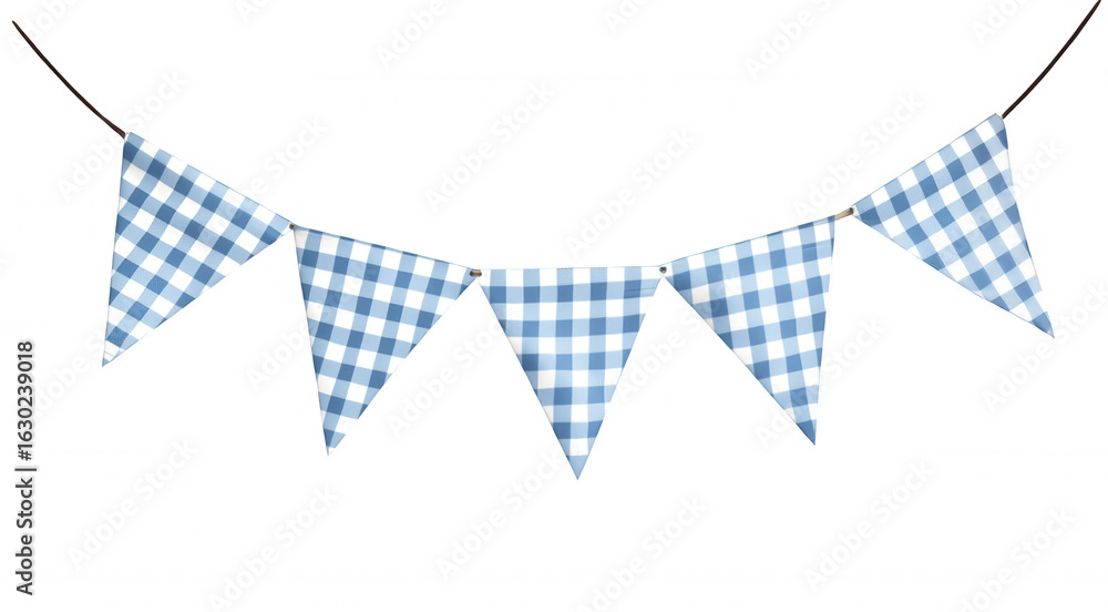 Obraz premium Blue 3d icon checkered bunting flags party on rope, creating festive against decor hanging transparent background, ideal for celebratory settings