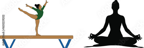 Gymnast on balance beam and silhouette of person meditating in lotus pose