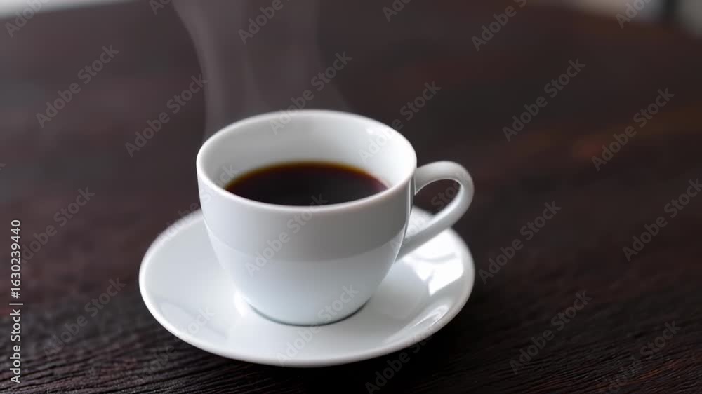 Steaming cup of coffee on a wooden table Steaming cup of coffee on a wooden table