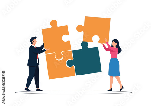 Vector art of man and woman assembling puzzle pieces, symbolizing teamwork, strategy, and finding solutions, isolated on white background