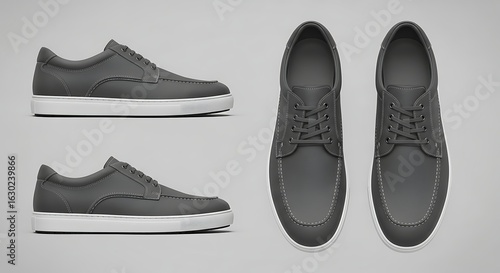 A versatile product presentation mockup of dark gray fashion sneakers from side and top views.