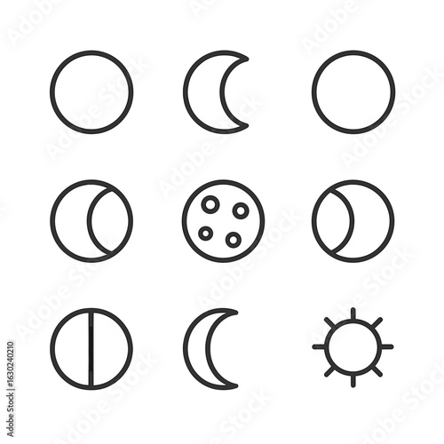Moon Cycle Icons. Outline icon set of moon cycle: new moon, waxing crescent, first quarter, waxing gibbous, full moon, waning