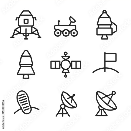 Moon Mission Icons. Outline icon set of moon exploration missions: lunar lander, rover, command module, service module, ascent