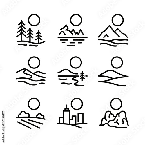 Moonlit Landscapes Icons. Outline icon set of full moon landscapes: moonlit forest, lake reflection, mountain silhouette under