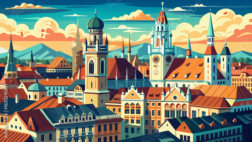 Detailed rooftops, classic facades, and the majestic town hall shape Munich's historic skyline. Marienplatz breathes life into the view, where tradition and elegance blend in semi-realistic vector cha
