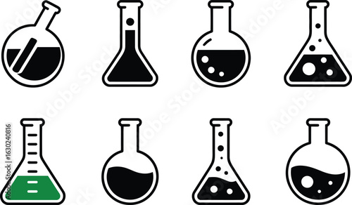Collection of eight different laboratory flasks filled with liquids and bubbles