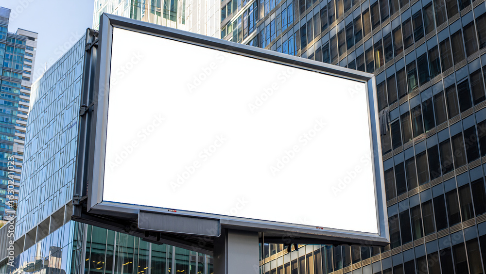 A blank white billboard in a city with modern buildings, ready for advertising A blank white billboard in a city with modern buildings, ready for advertising