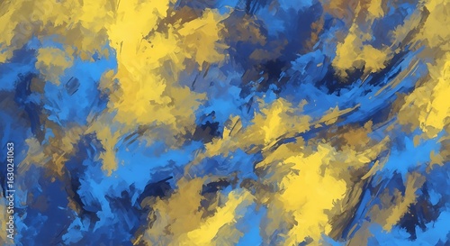 Abstract painting with bold strokes of blue and yellow.