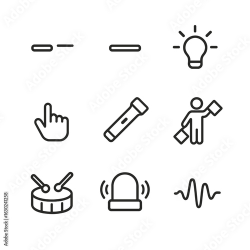 Morse Code Icon Set. Outline icon set of Morse code signals: short beep, long beep, flashing light, hand tapping, flashlight, flag