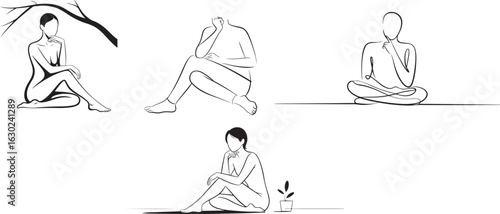 Contemplative figures in minimalist line art sitting