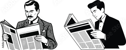 Two vintage gentlemen in suits reading newspapers with focused expressions