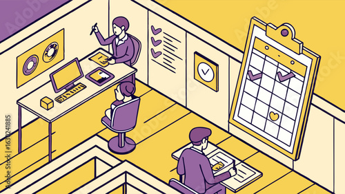 Isometric Office Scene with Two Workers and a Schedule.