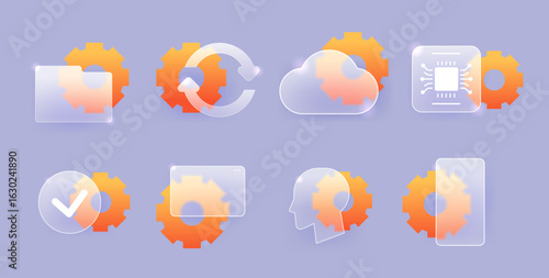 System setting icon set. Glass morphism vector symbol collection with gear