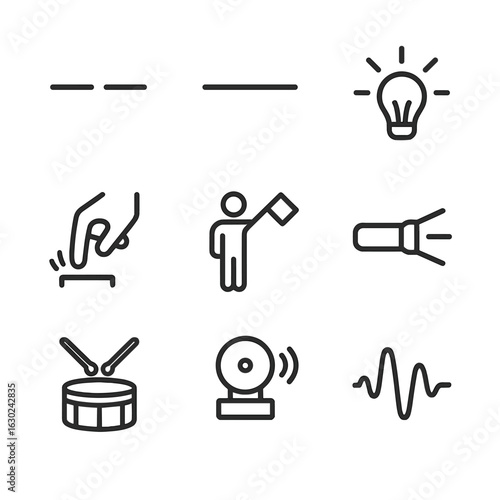 Morse Code Icon Set. Outline icon set of Morse code signals: short beep, long beep, flashing light, hand tapping, flashlight, flag
