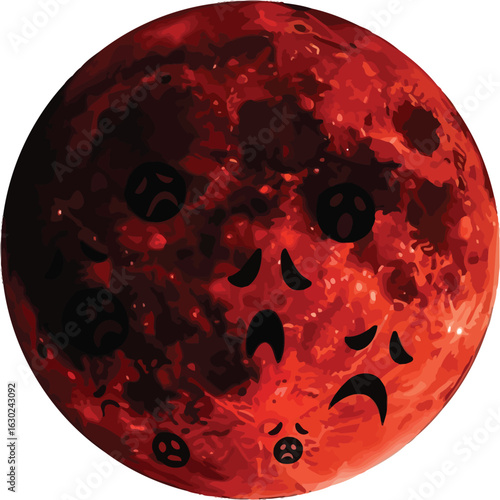 Crimson celestial body with sorrowful expressions, a visual representation of planetary grief and emotional burden, symbolizing global challenges