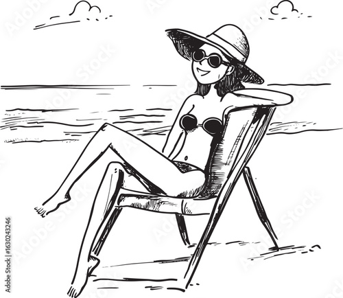 Black line art comical funny vector drawing on a lady on beach