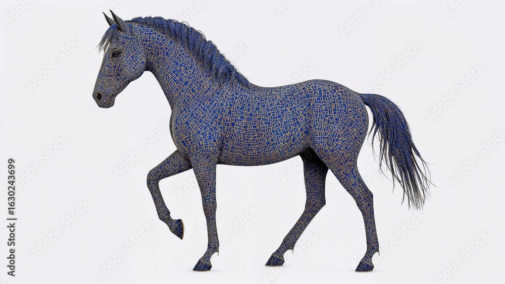 Fototapeta premium Modern art mosaic horse sculpture with blue and gold geometric patterns on white background