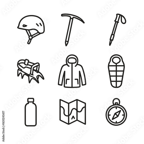 Mountain Gear Icons. Outline icon set of mountain gear: climbing helmet, ice pick, hiking pole, crampons, waterproof jacket,