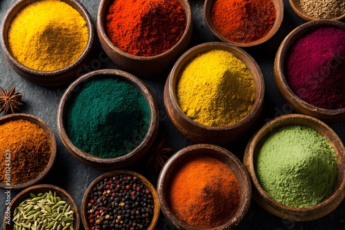 Fototapeta Naklejka Na Ścianę i Meble -  Colorful spice powders in bowls, kitchen table, overhead shot, food photography, recipe ingredient