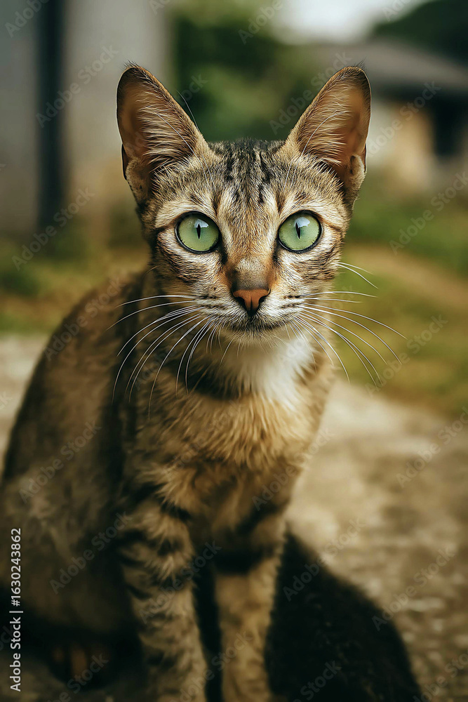 Fototapeta premium Portrait of an adorable domestic tabby kitten with mesmerizing bright green eyes looking at the camera