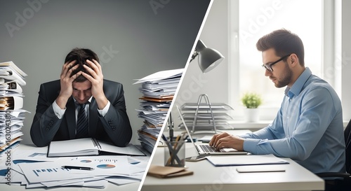 Contrast between a stressed businessman overwhelmed by paperwork and a calm, organized man working on a laptop.