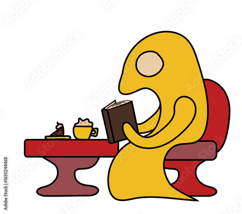 A cute yellow monster sitting in a café on a red chair, next to a table with a piece of cake and a hot beverage with whipped cream, reading a book. Vector drawing. 