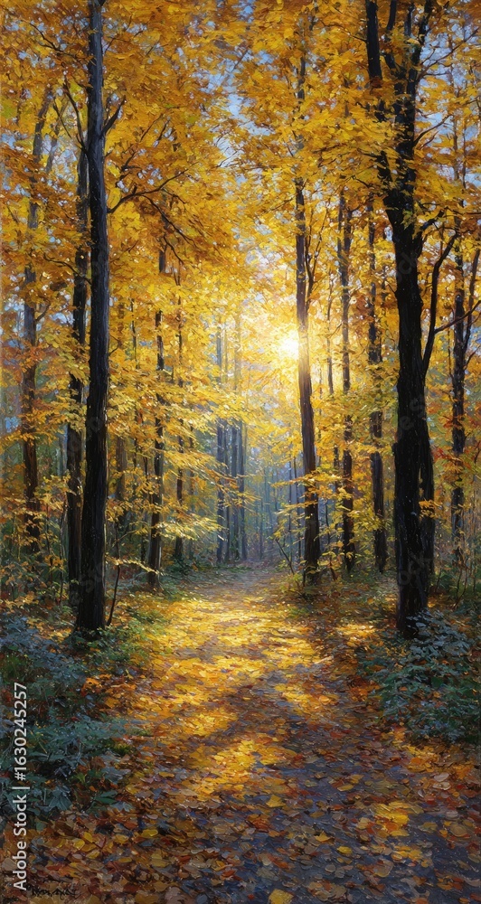 Fototapeta premium Autumn forest path bathed in golden sunlight