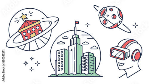 Illustration featuring a city skyline, a house orbiting a planet, a dotted planet, and a person wearing vr headset