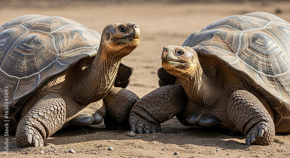 Fototapeta premium Two galapagos tortoises facing each other in a close up portrait