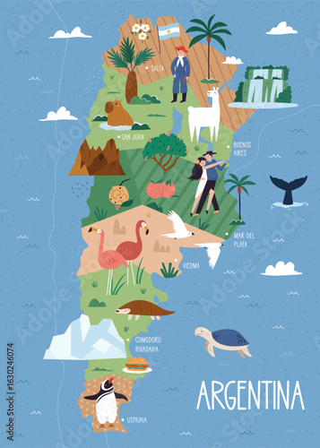 Colorful Illustrated Map of Argentina with Famous Animals, Plants, Landmarks, and Culture Elements