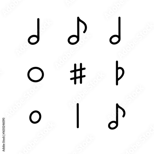 Music Note Icons. Outline icon set of music notes: quarter note, eighth note, half note, whole note, sharp, flat, note head, stem,