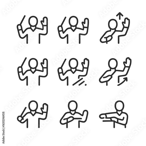 Musical Conducting Icons. Outline icon set of musical conducting gestures: start gesture, stop gesture, tempo increase gesture,
