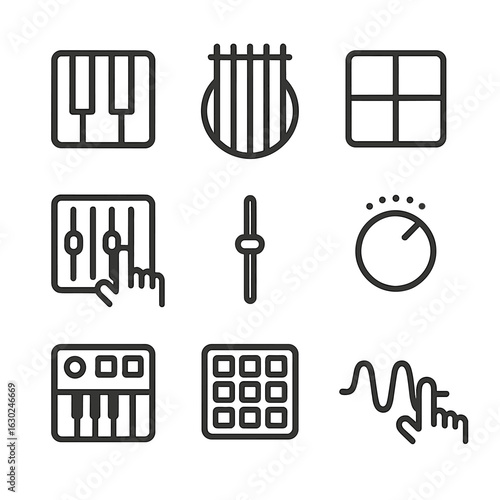 Musical Control Icons. Outline icon set of musical touch controls: piano keys, guitar strings, drum pads, touchscreen mixer,
