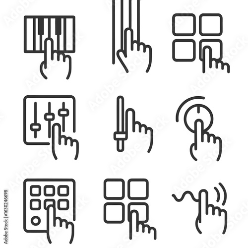 Musical Control Icons. Outline icon set of musical touch controls: piano keys, guitar strings, drum pads, touchscreen mixer,