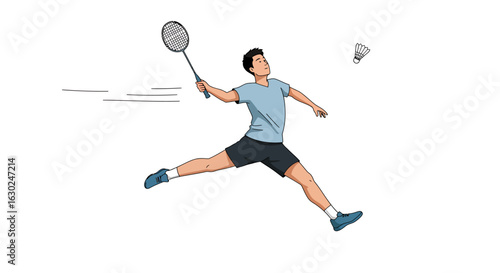 A dynamic illustration of a male badminton player jumping in mid-air to smash a shuttlecock.