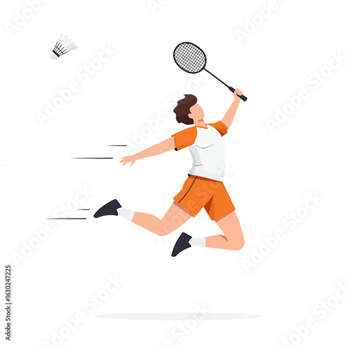 A male badminton player in an orange uniform jumps high to smash a shuttlecock with a racket.