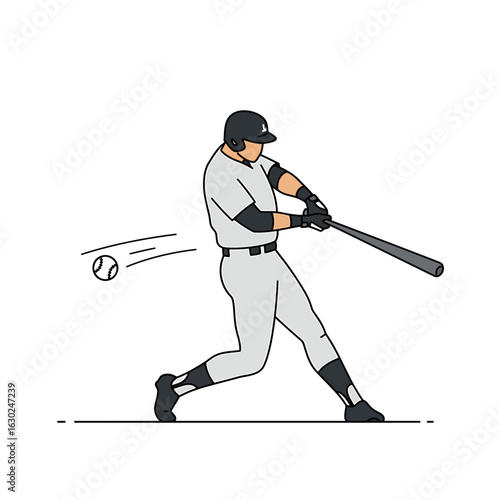 A minimalist illustration of a baseball player in uniform swinging a bat and hitting the ball.