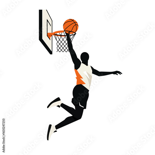 A dynamic illustration of a basketball player's silhouette jumping to slam dunk a ball into the hoop.