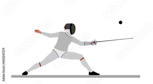 A female fencer in full protective gear and mask lunges forward with her sword.
