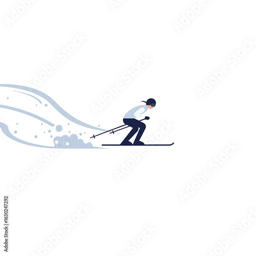 A flat vector illustration of a skier in an athletic pose, carving down a slope and kicking up snow.